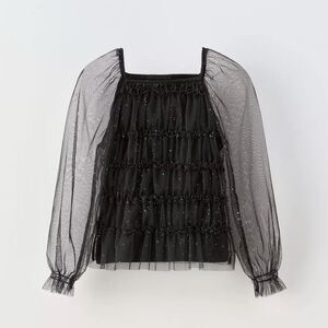 Zara Rhinestone Tulle Black Sheer Top Girls 6-7 Years Old NEW